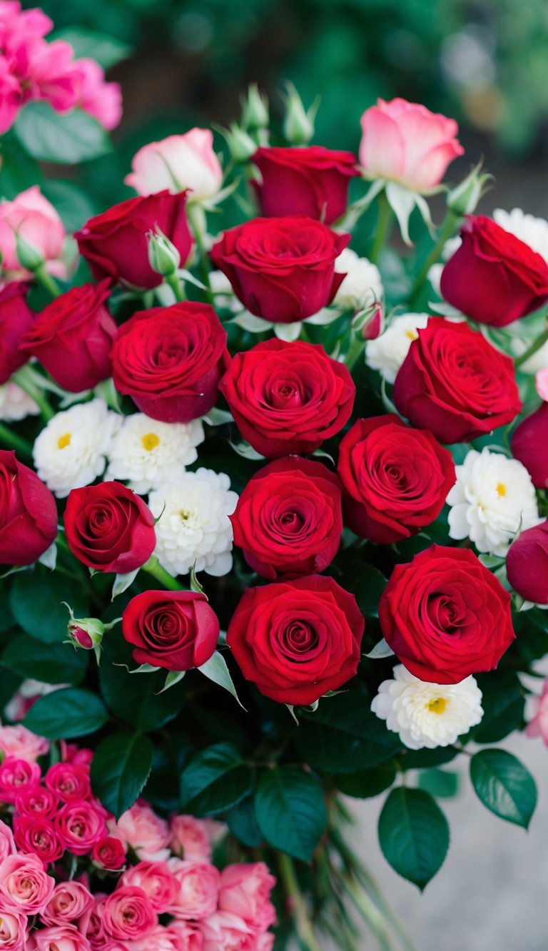 A bouquet of red roses surrounded by pink and white flowers, with green leaves and stems