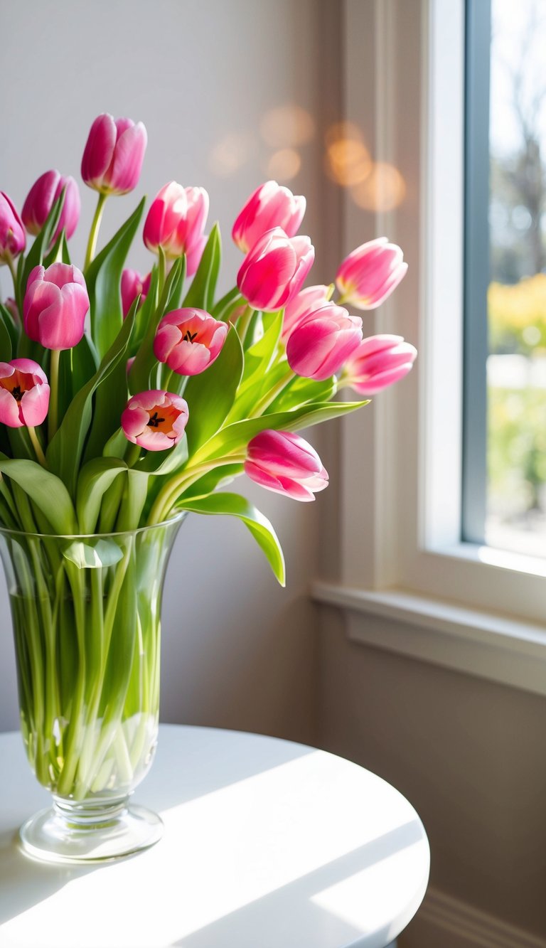 A vibrant bouquet of pink tulips arranged in a glass vase on a white table. Sunshine streams through a nearby window, casting a warm glow on the delicate petals