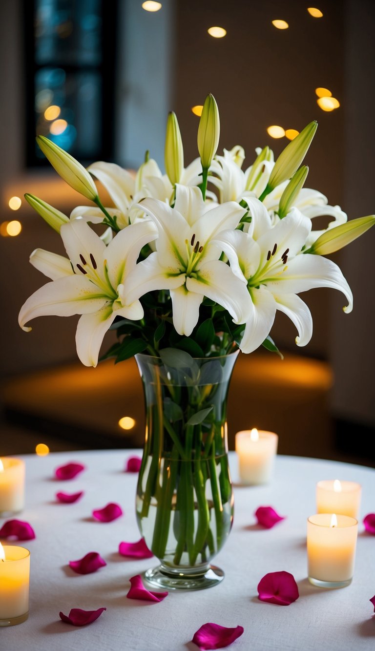 A vase of white lilies sits on a table, surrounded by scattered rose petals and soft candlelight
