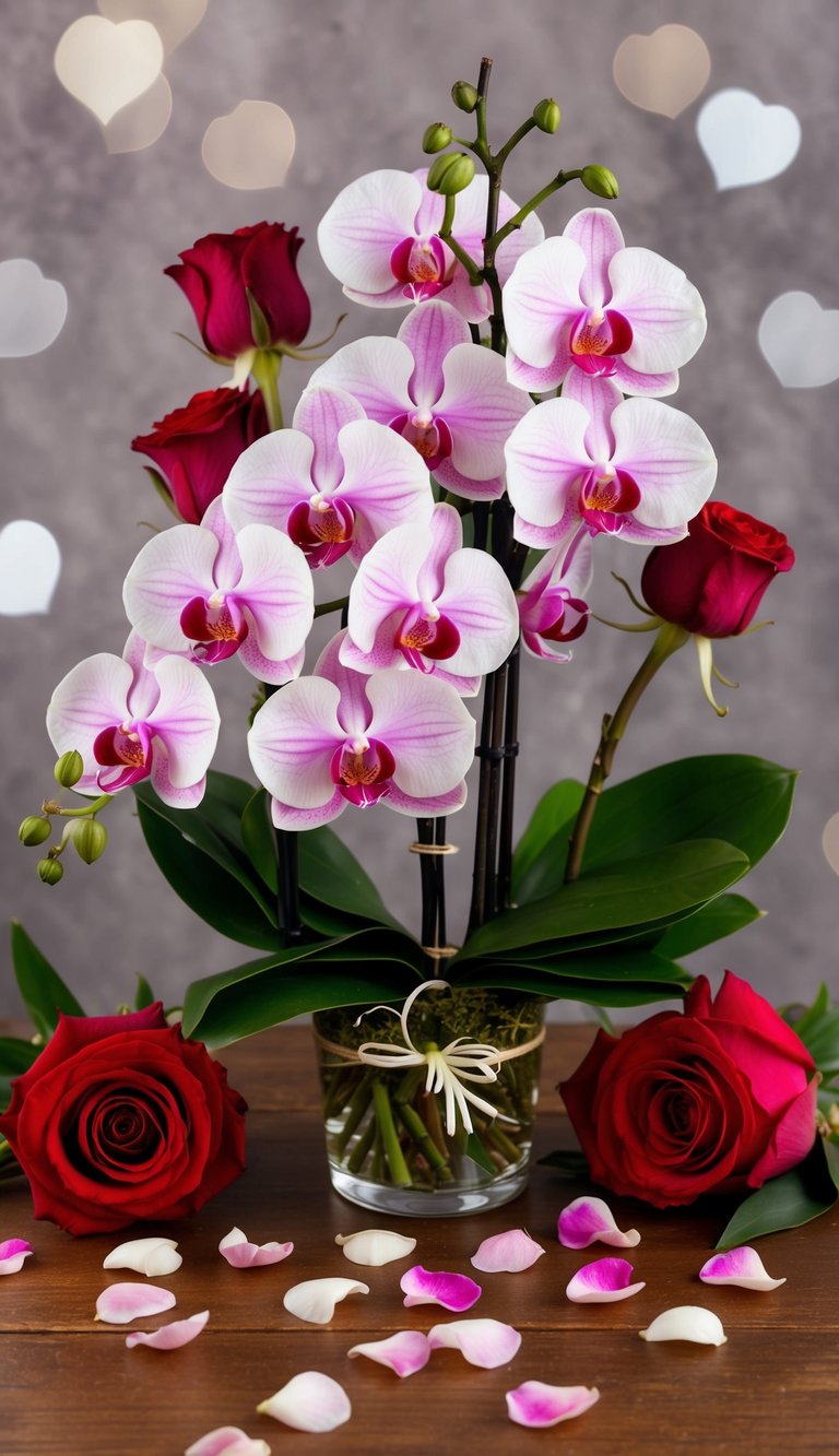 A bouquet of orchids surrounded by red roses and pink lilies, with scattered heart-shaped petals on a wooden table
