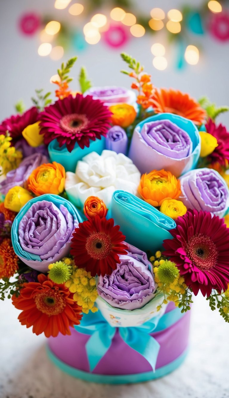 A colorful bouquet of diapers arranged with vibrant floral accents, perfect for a baby shower celebration