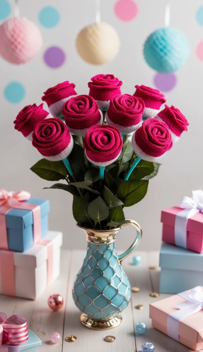 A bouquet of baby sock roses arranged in a decorative vase, surrounded by other baby shower gift ideas