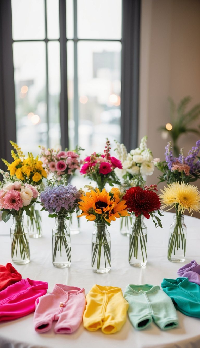 A table with 10 unique onesie flower arrangements, each in a different color and style, arranged in a bouquet-like display
