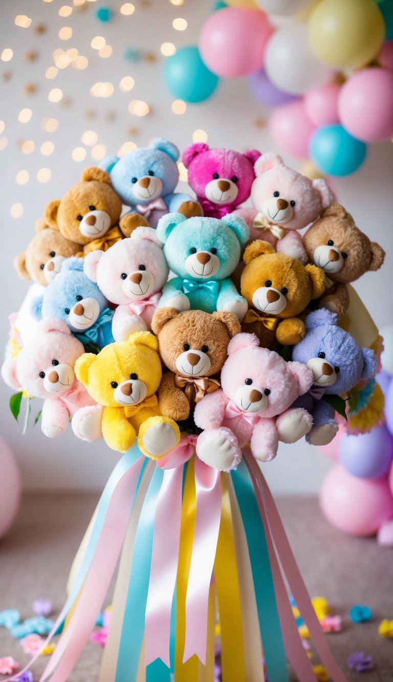 A pastel teddy bear bouquet with 10 adorable teddy bears arranged in a colorful and playful display, perfect for a baby shower celebration