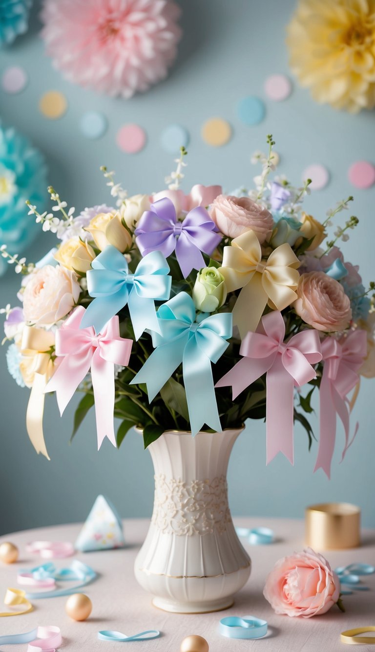 A delicate bouquet of pastel-colored baby ribbon posies arranged in a decorative vase, surrounded by soft lighting and scattered baby shower decor