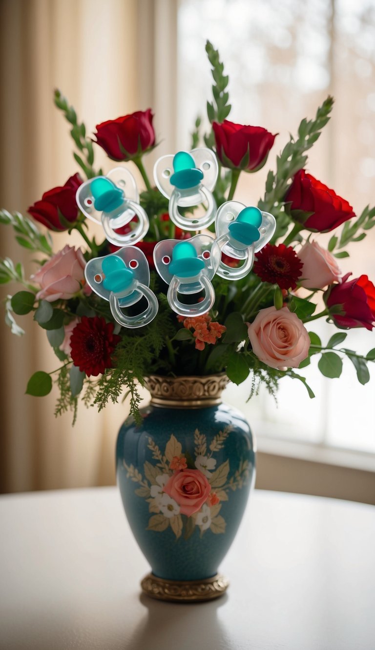 A bouquet of pacifiers and flowers arranged in a decorative vase