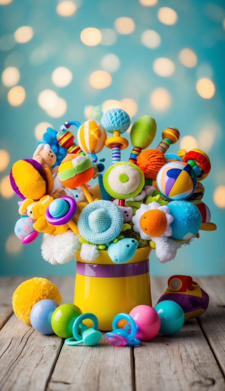 A colorful bouquet of baby-themed items arranged in a playful and whimsical manner, including rattles, pacifiers, and small plush toys