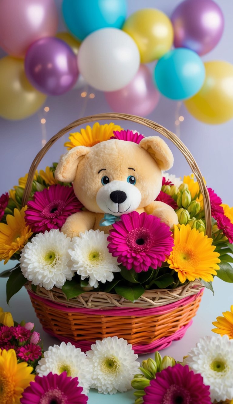 A plush toy sits nestled among a vibrant bloom basket, surrounded by 10 baby shower bouquet ideas