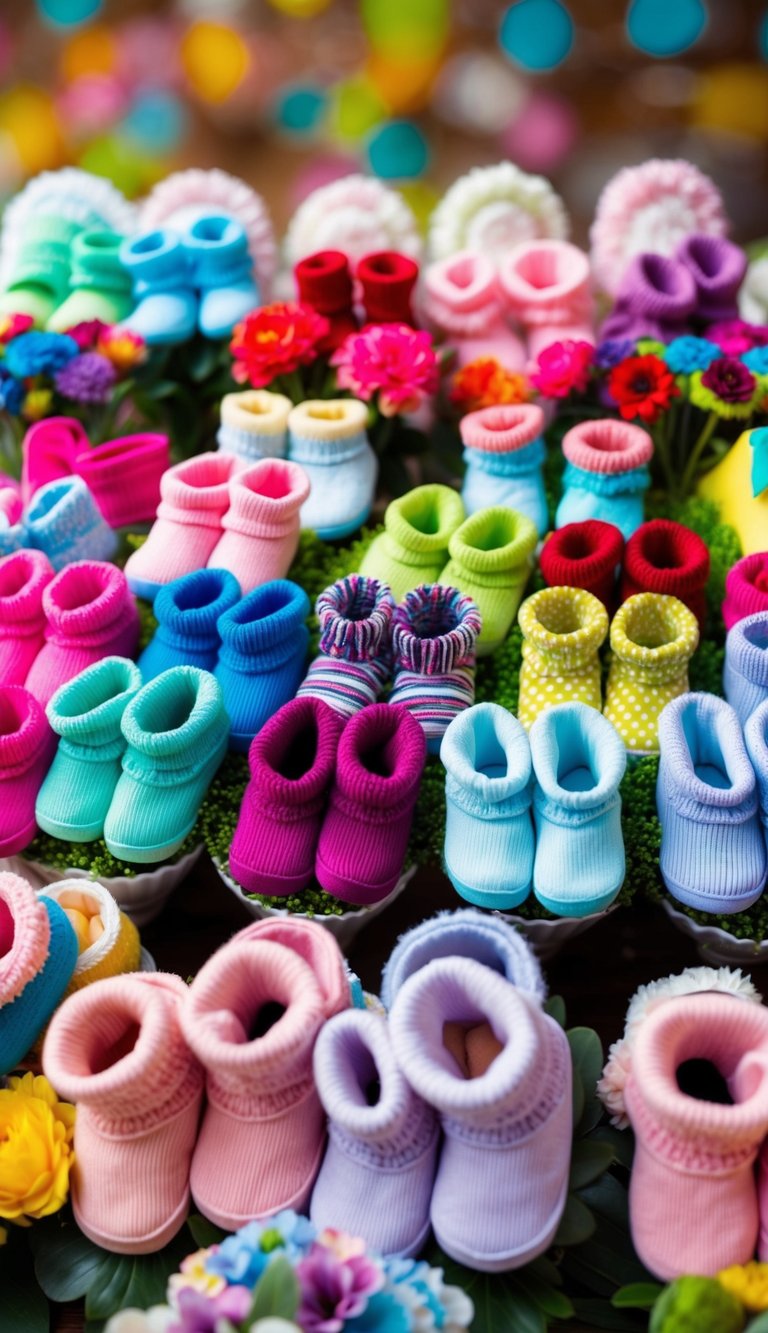 A vibrant array of baby booties arranged in bouquets, featuring a variety of colors and patterns, creating a cheerful and whimsical display