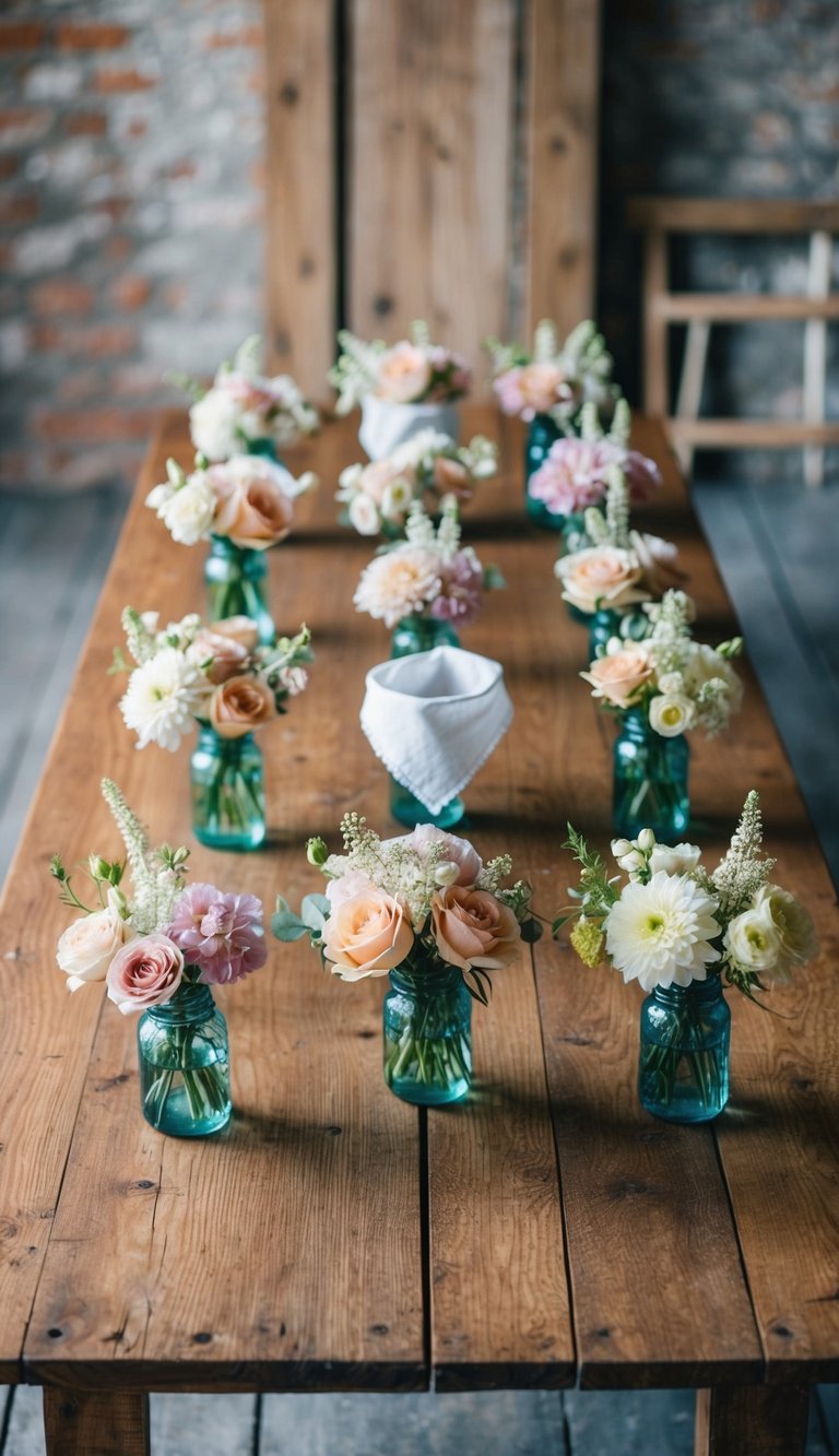 A rustic wooden table holds ten vintage-inspired floral arrangements, each adorned with delicate bibs and soft pastel blooms