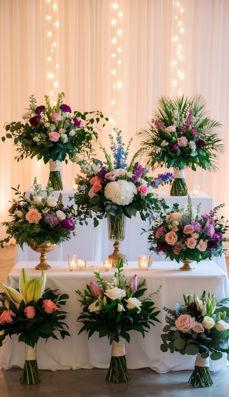 A table adorned with 10 different wedding flower arrangements, featuring a variety of colors, shapes, and sizes, set against a backdrop of soft, romantic lighting