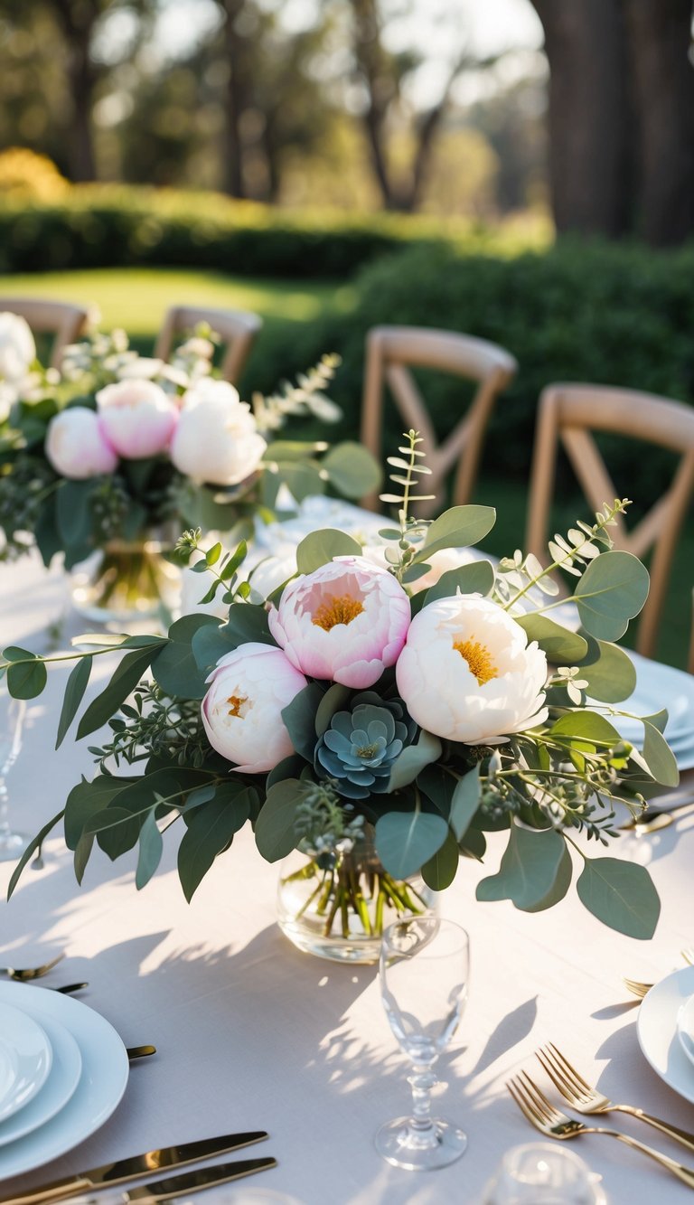 A table adorned with lush peony and eucalyptus bouquets, illuminated by soft sunlight