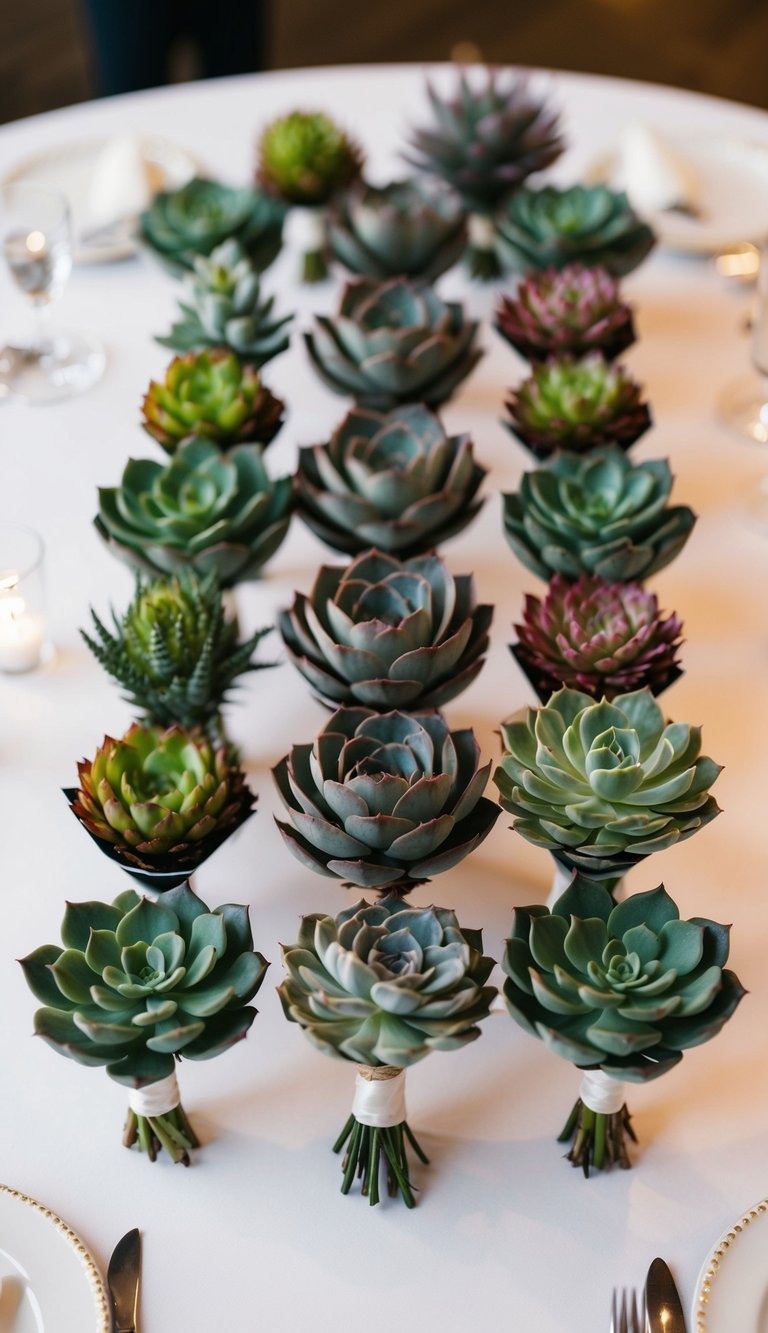 A table adorned with 10 succulent boutonnieres, each carefully arranged with a variety of shapes, colors, and textures