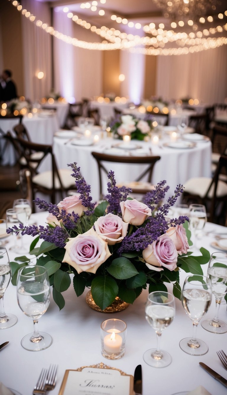 A table set with lavender and rose centerpieces, surrounded by elegant wedding decor