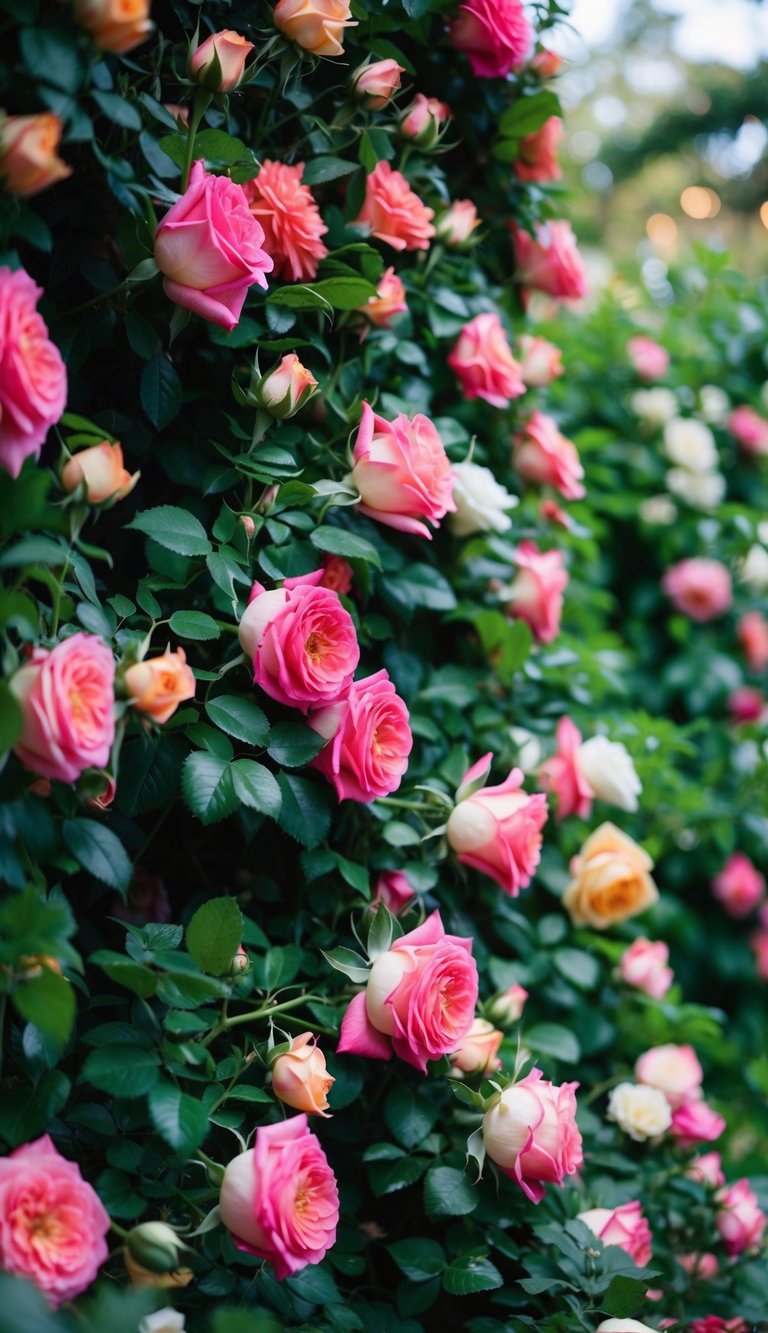 A lush garden bursting with vibrant roses, woven into a delicate garland, creating a romantic and enchanting atmosphere