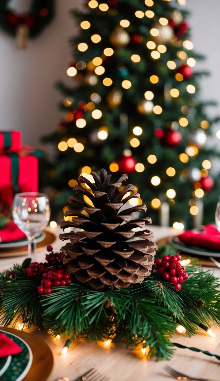 A rustic pinecone and berry arrangement sits atop a festive Christmas table, surrounded by twinkling lights and holiday decor