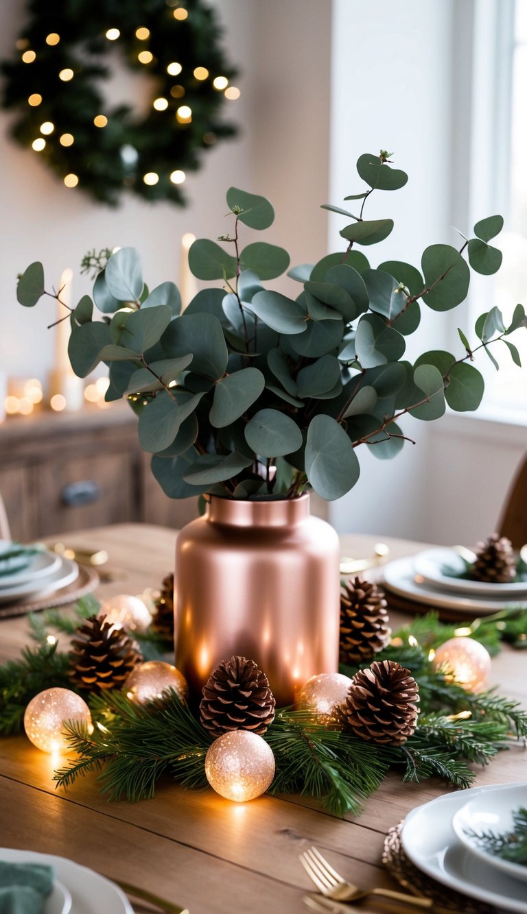 A eucalyptus and rose gold centerpiece sits on a wooden table, surrounded by twinkling fairy lights and pinecones, creating a cozy Christmas atmosphere