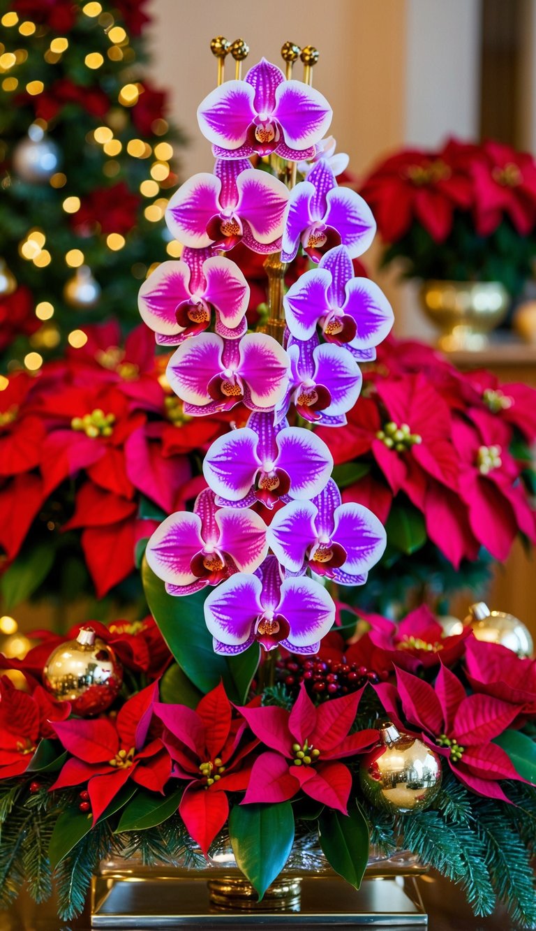 A festive display of vibrant orchids and poinsettias arranged in a decorative centerpiece for Christmas