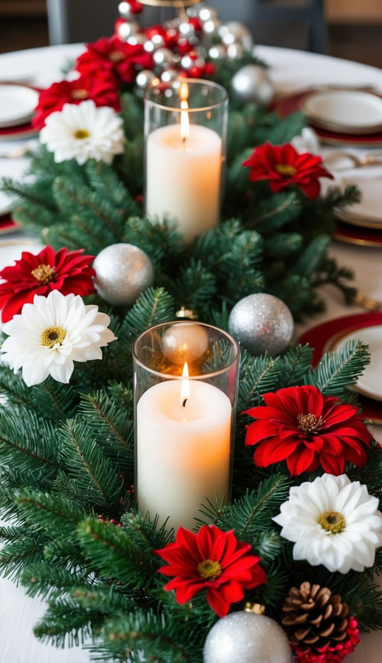 A festive evergreen and candle holder centerpiece with red and white Christmas flowers