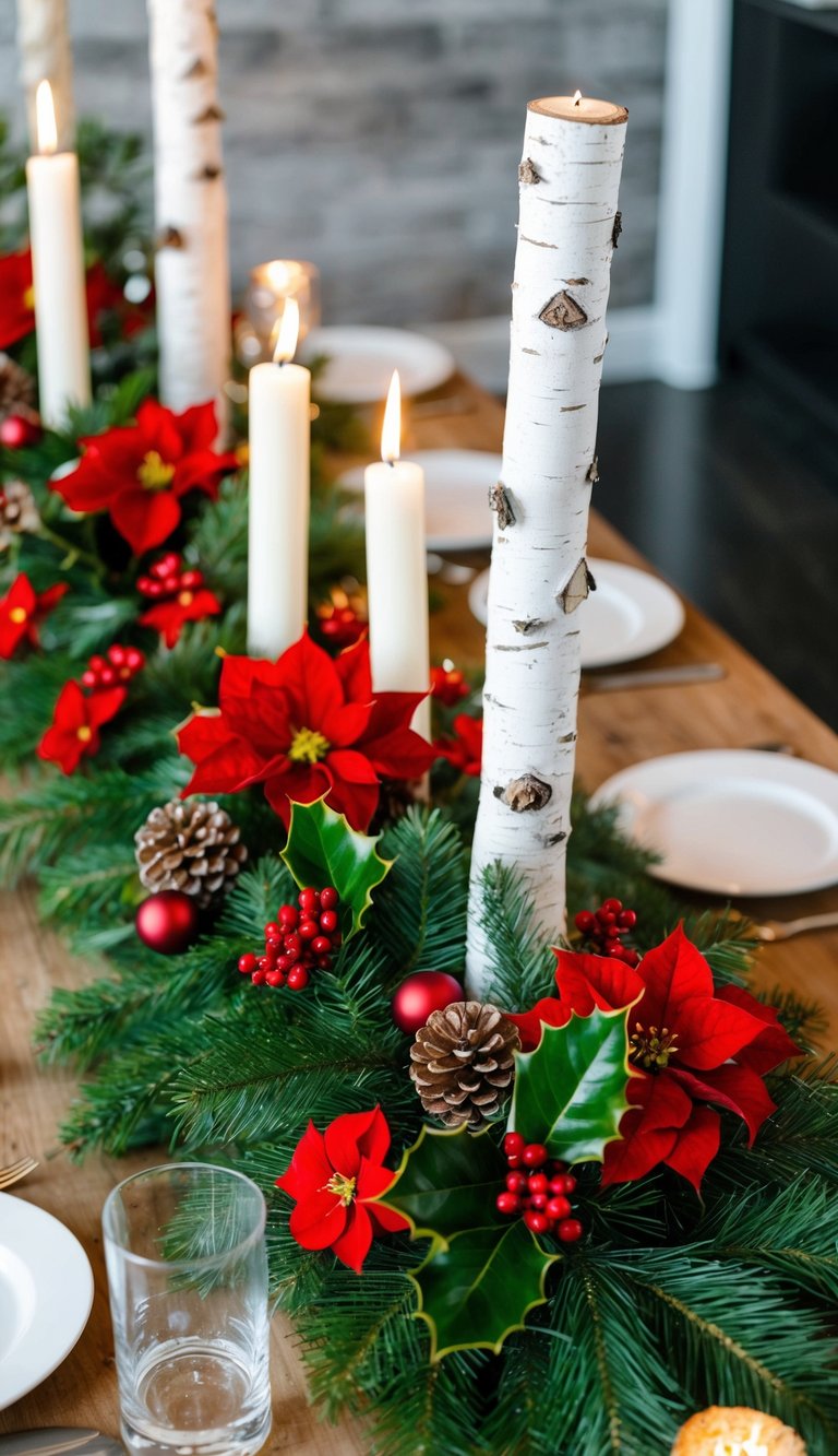 A rustic birch and holly display with festive red flowers and greenery arranged in a centerpiece for a Christmas celebration