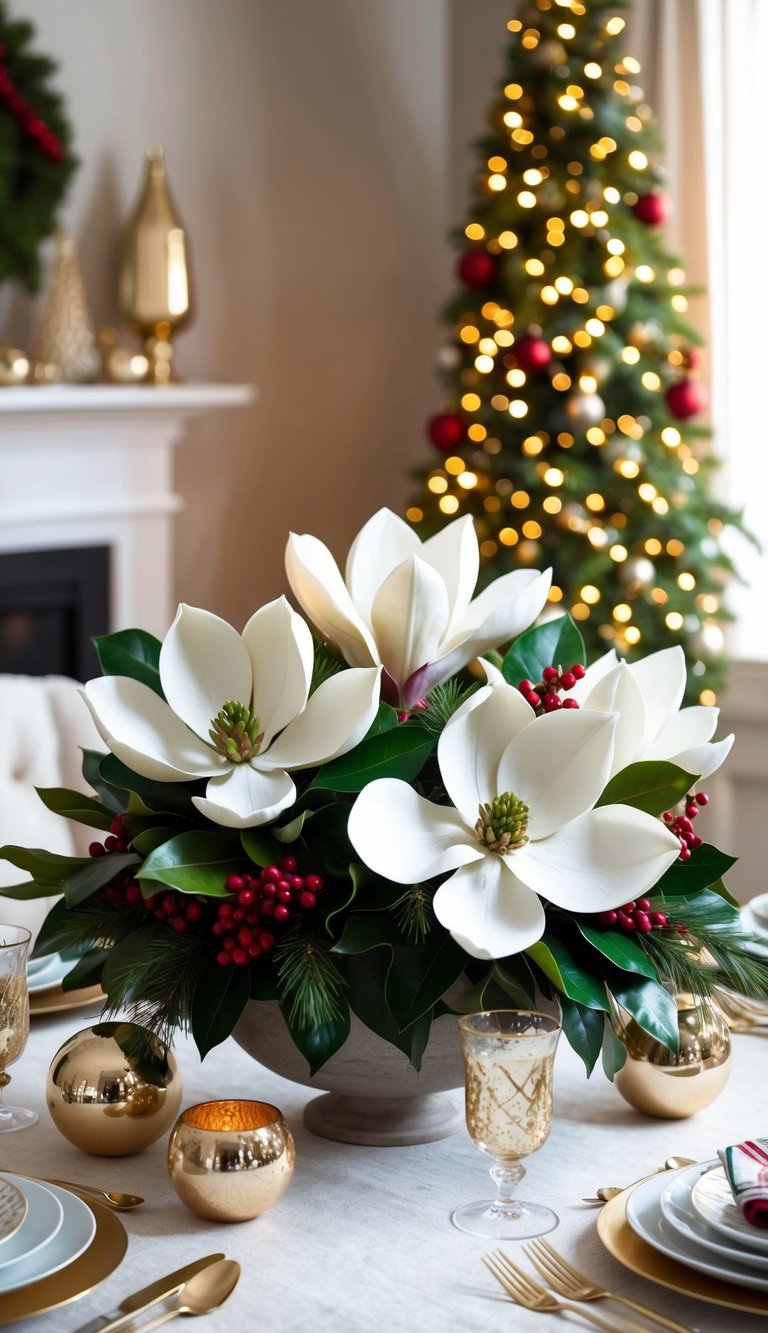 A festive holiday centerpiece featuring silk magnolia flowers surrounded by seasonal accents
