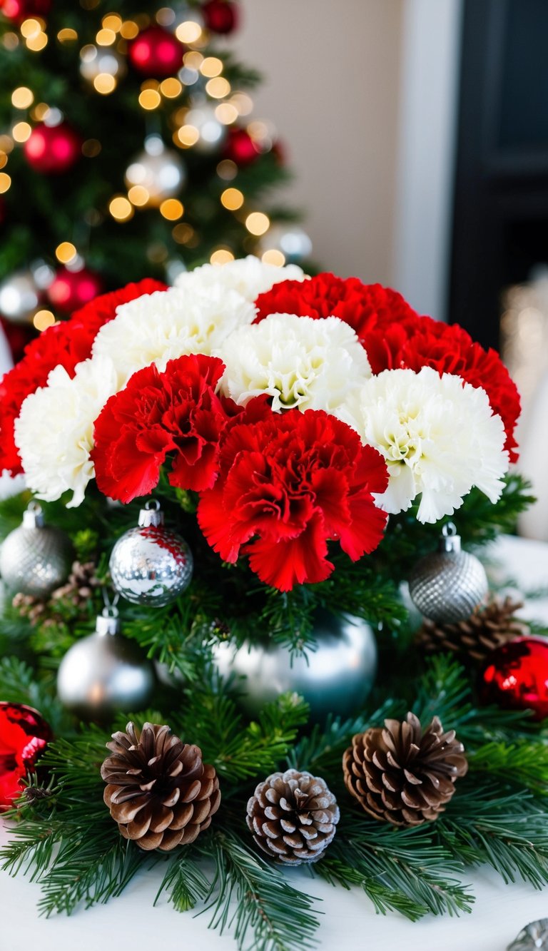 A festive centerpiece with red and white carnations, surrounded by greenery and accented with silver ornaments and pinecones