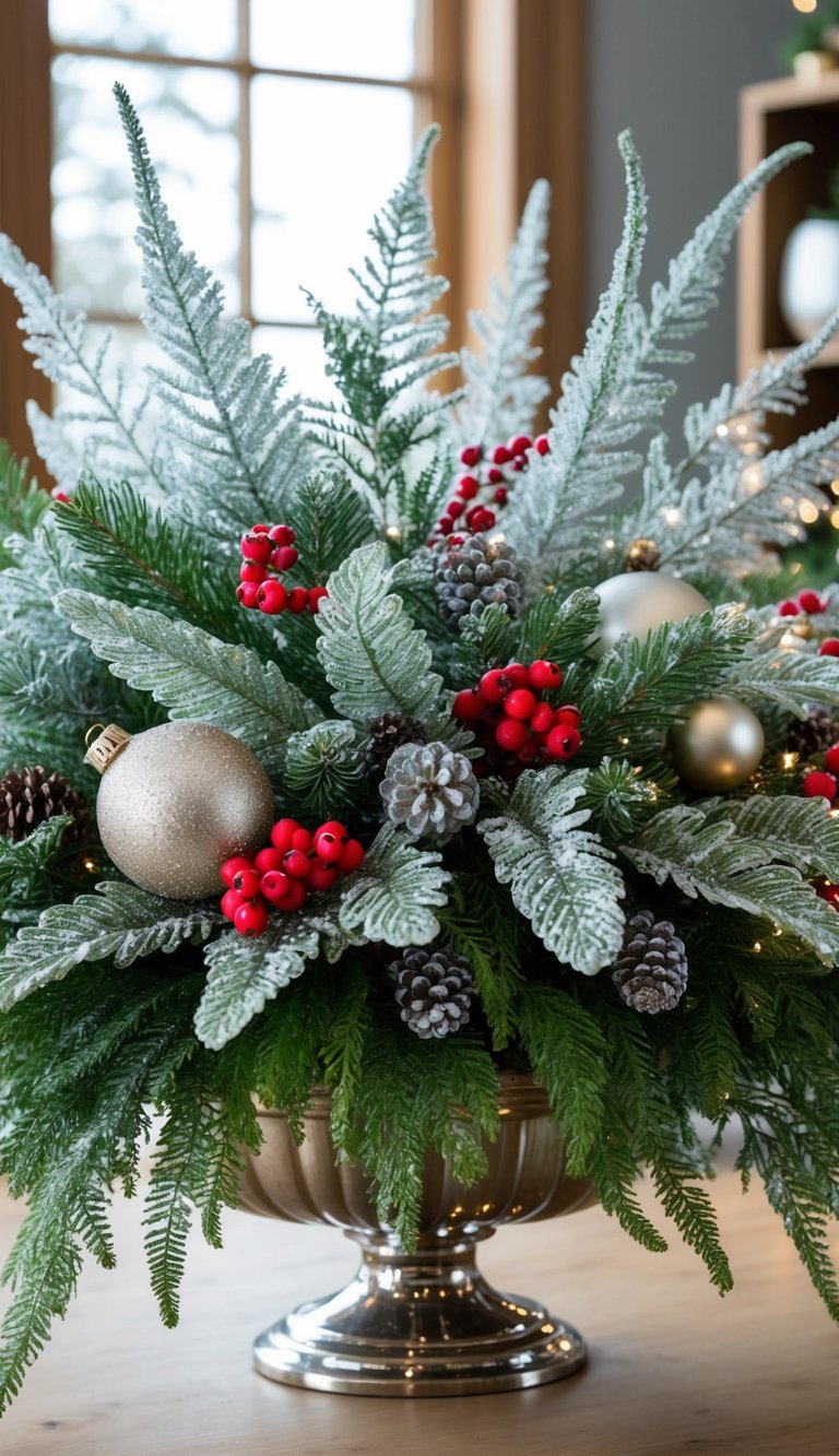 A lush arrangement of frosted pine branches and delicate ferns, accented with red berries and sparkling ornaments, sits as a stunning Christmas centerpiece