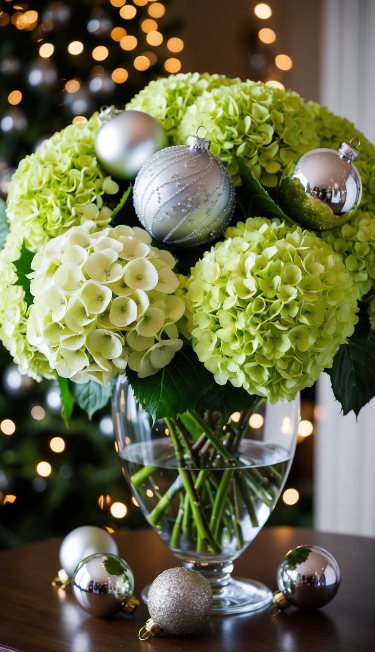 A lush arrangement of hydrangeas and glittering ornaments in a glass vase