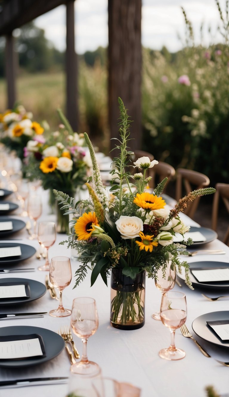 A table adorned with 10 modern flower arrangements, featuring a rustic wildflower charm