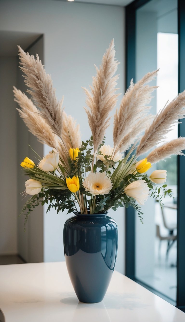A vase filled with bohemian pampas grass and 10 contemporary flower arrangements in a modern setting