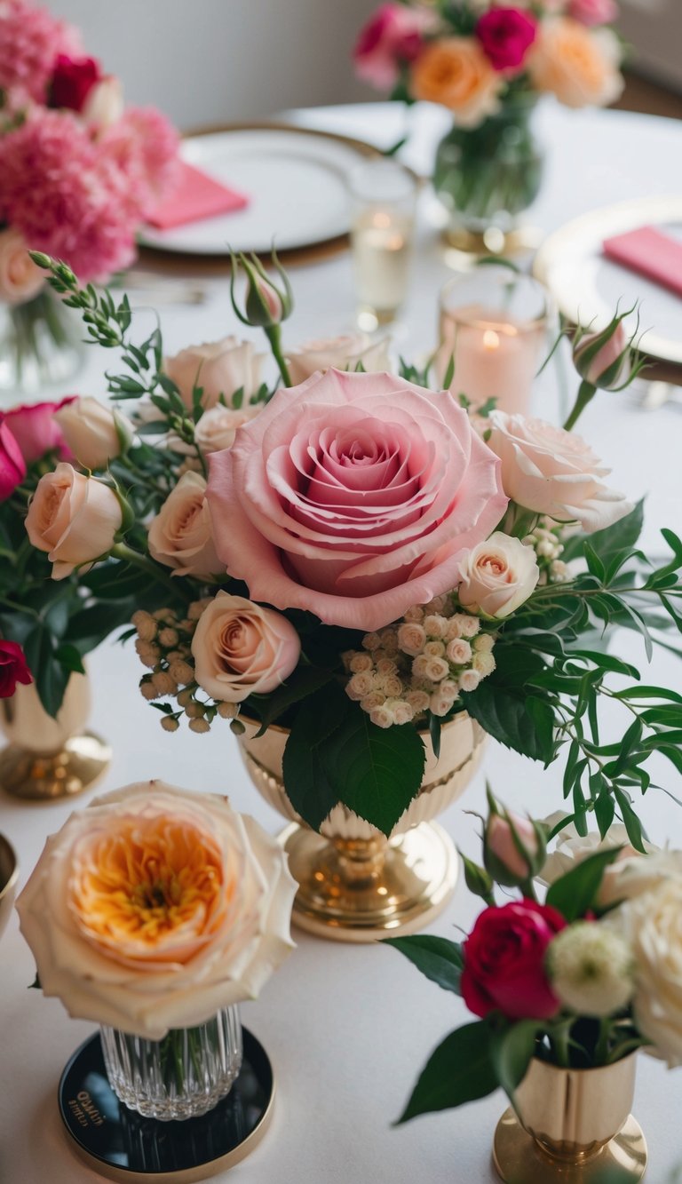 A classic rose centerpiece surrounded by 10 contemporary flower arrangements