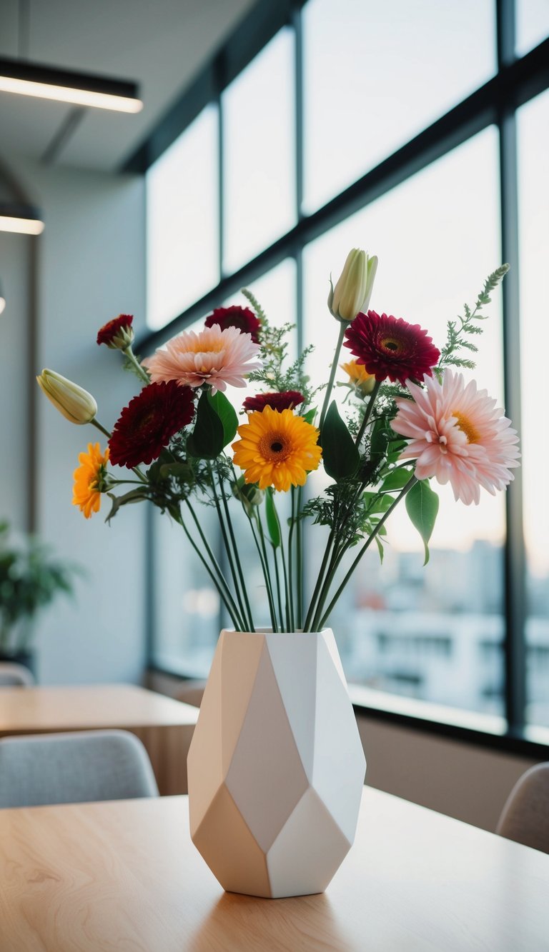 A modern geometric vase holds 10 contemporary flower arrangements