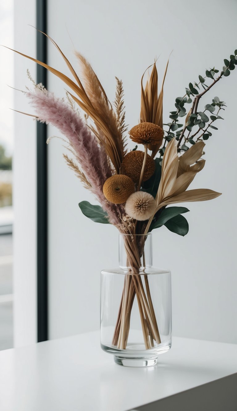 A glass vase holds a modern dried floral arrangement with a mix of vibrant and muted colors, set against a clean, minimalist backdrop