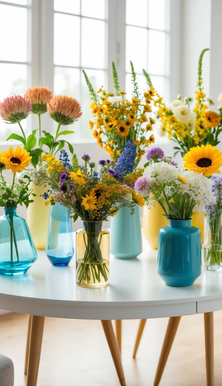 A table with 10 contemporary wildflower bouquets in various vases, showcasing seasonal blooms in a bright and airy room