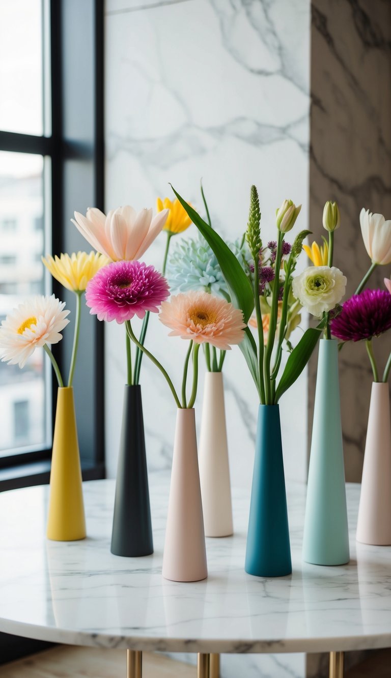 Ten modern flower arrangements in sleek vases on a white marble table, with a mix of vibrant and pastel colors and unique, artistic designs