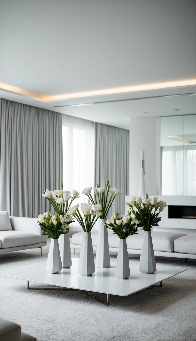 A sleek, minimalist living room with 10 modern flower arrangements in geometric vases on a low, white coffee table. The room features clean lines, neutral colors, and mid-century modern furniture