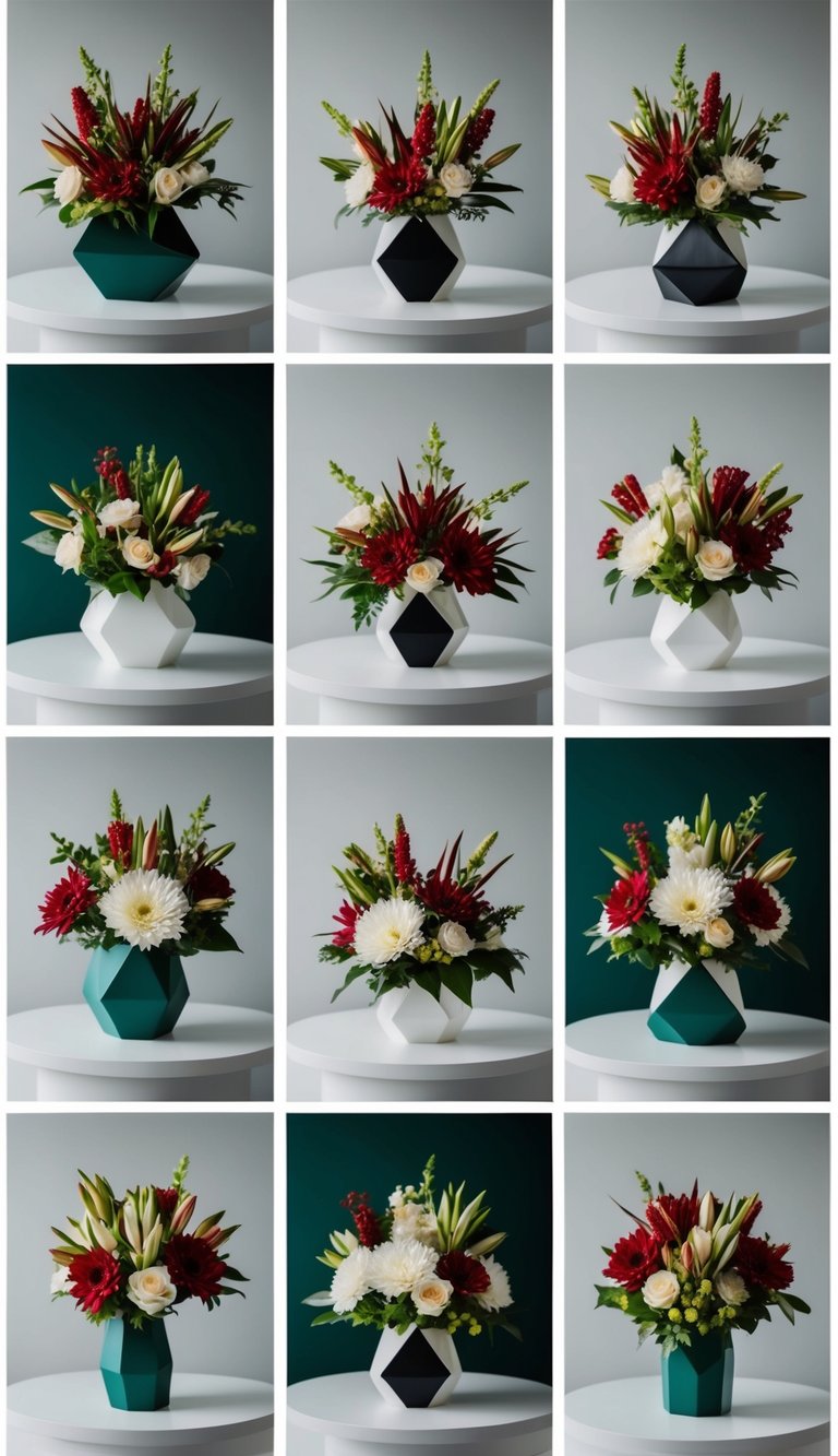 A collection of 10 modern flower arrangements arranged in geometric compositions