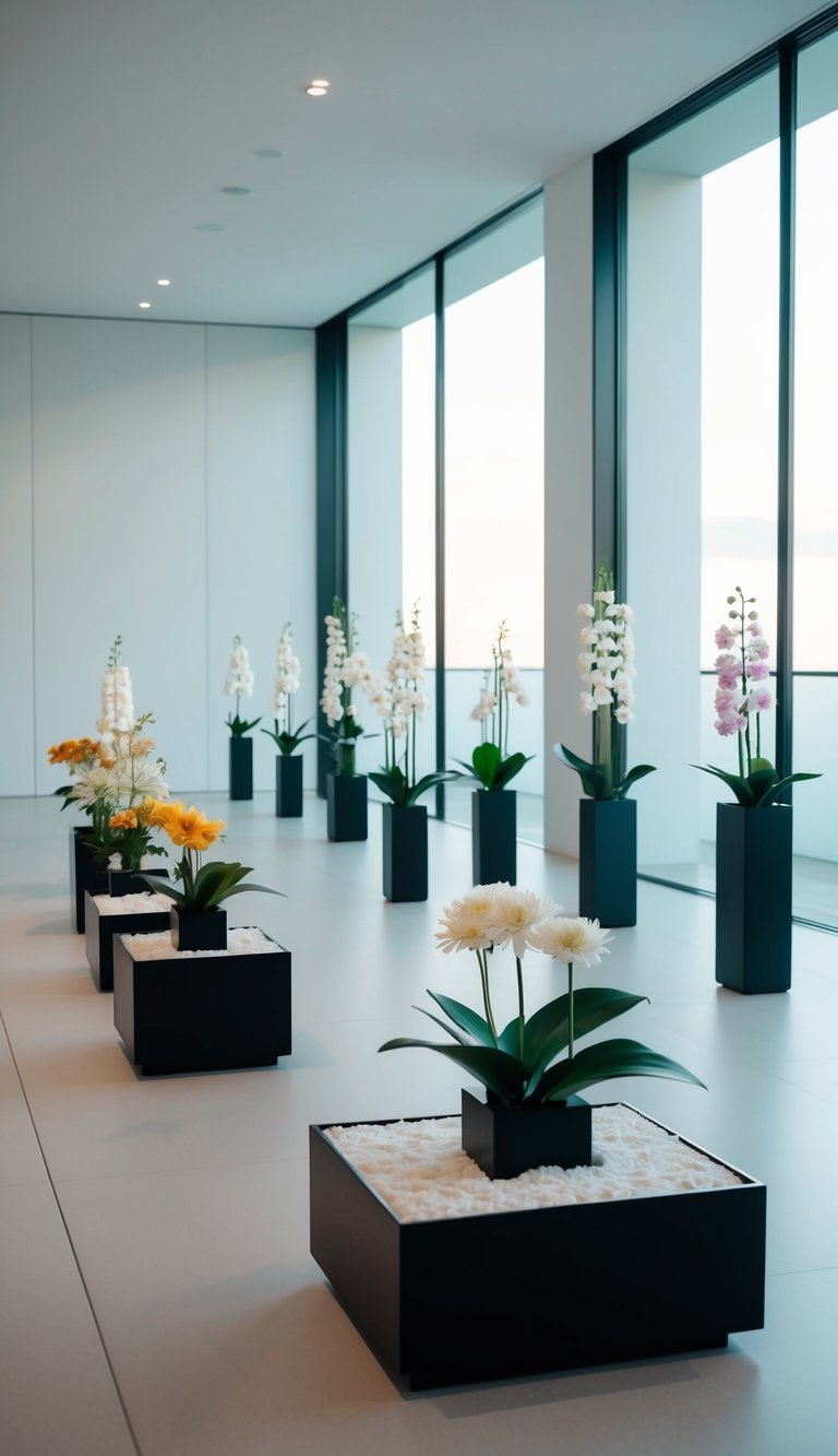 A sleek, minimalist room with 10 modern Ikebana flower arrangements on display, each with clean lines and carefully selected blooms