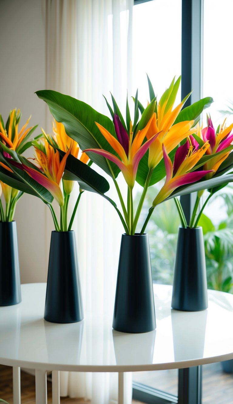 Vibrant tropical flowers in sleek, modern vases arranged on a clean, white tabletop with soft natural lighting streaming in from a nearby window