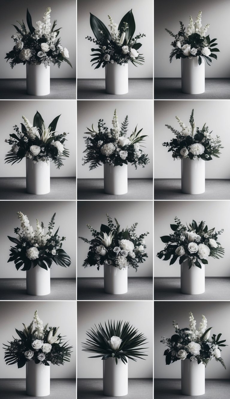 Ten modern flower arrangements displayed in monochrome. Each arrangement features a unique combination of flowers and foliage, creating a striking visual display