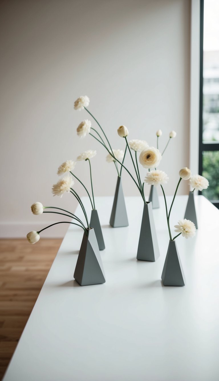 A clean, white table with 10 modern, minimalist flower arrangements in sleek, geometric vases