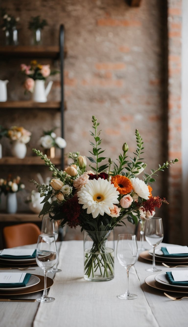 A table with 10 modern flower arrangements in a rustic setting