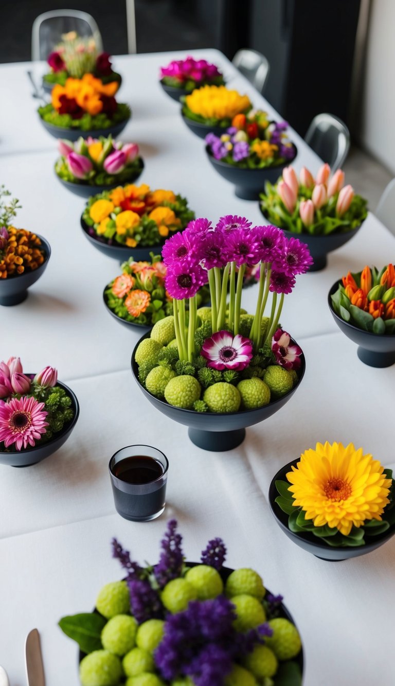 A table displays 10 modern flower arrangements, featuring edible blooms in various vibrant colors and unique designs