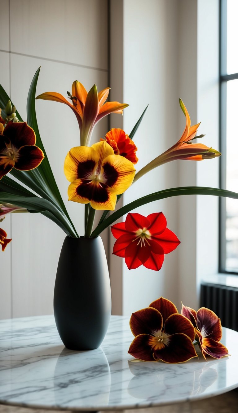 A sleek, minimalist vase sits on a marble table, filled with a striking arrangement of exotic flowers in bold, contrasting colors