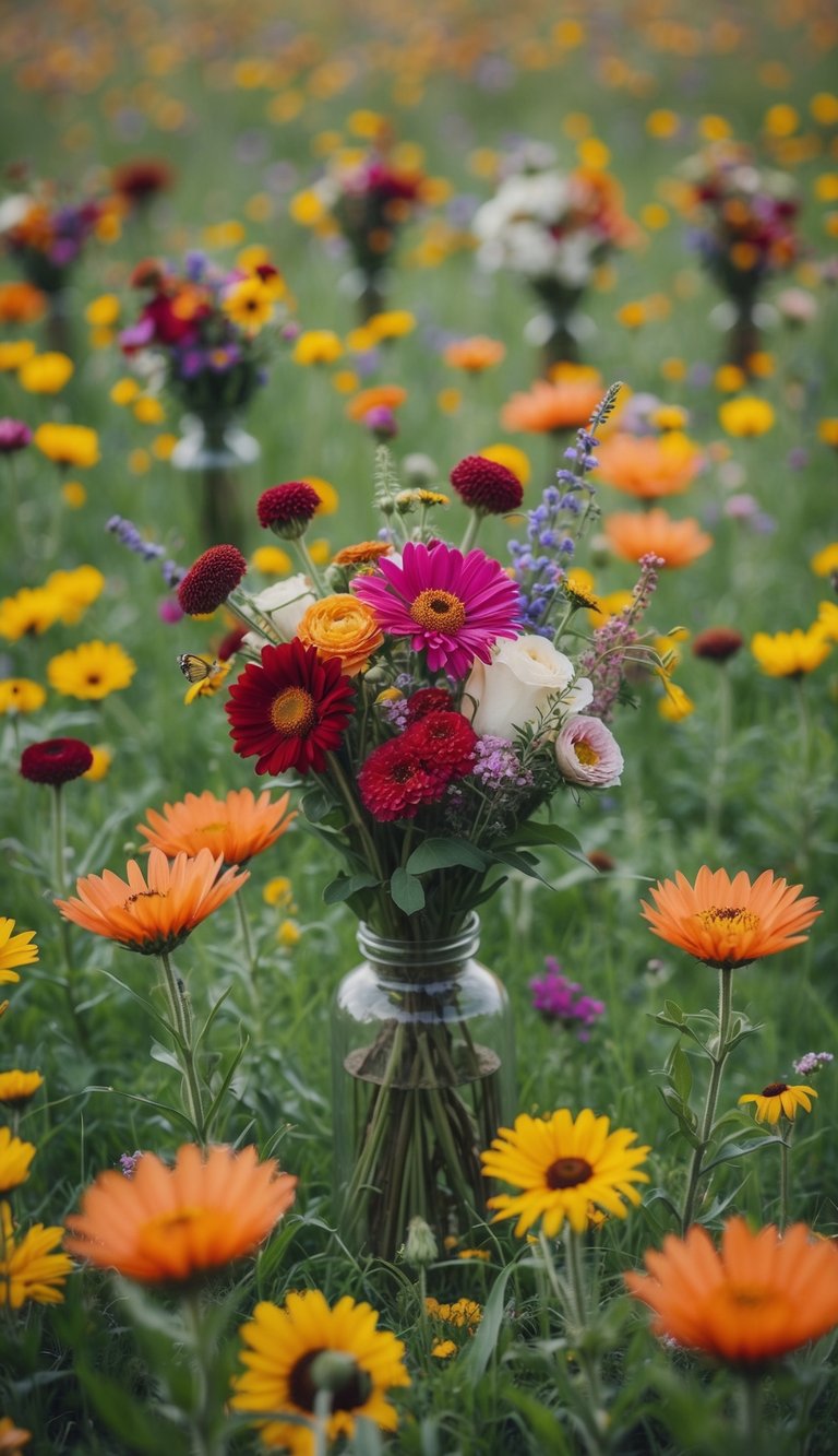 A vibrant wildflower meadow with 10 rustic floral arrangements scattered throughout