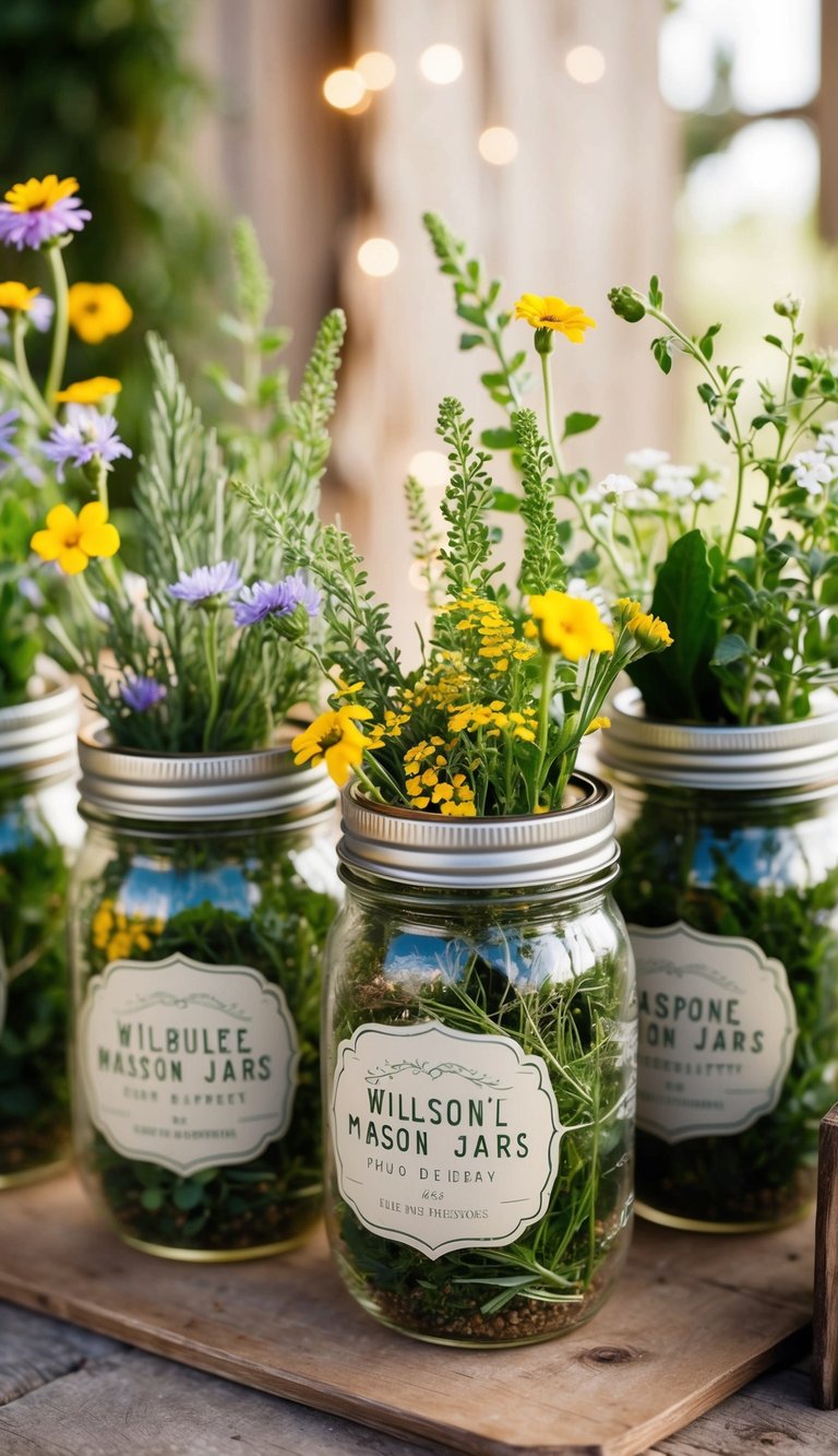 A collection of mason jars filled with wildflowers and greenery, arranged in a rustic and charming display