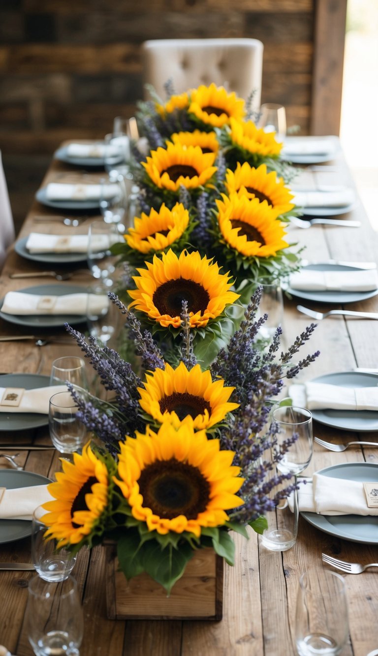 A table adorned with 10 rustic floral arrangements featuring sunflowers and lavender bunches
