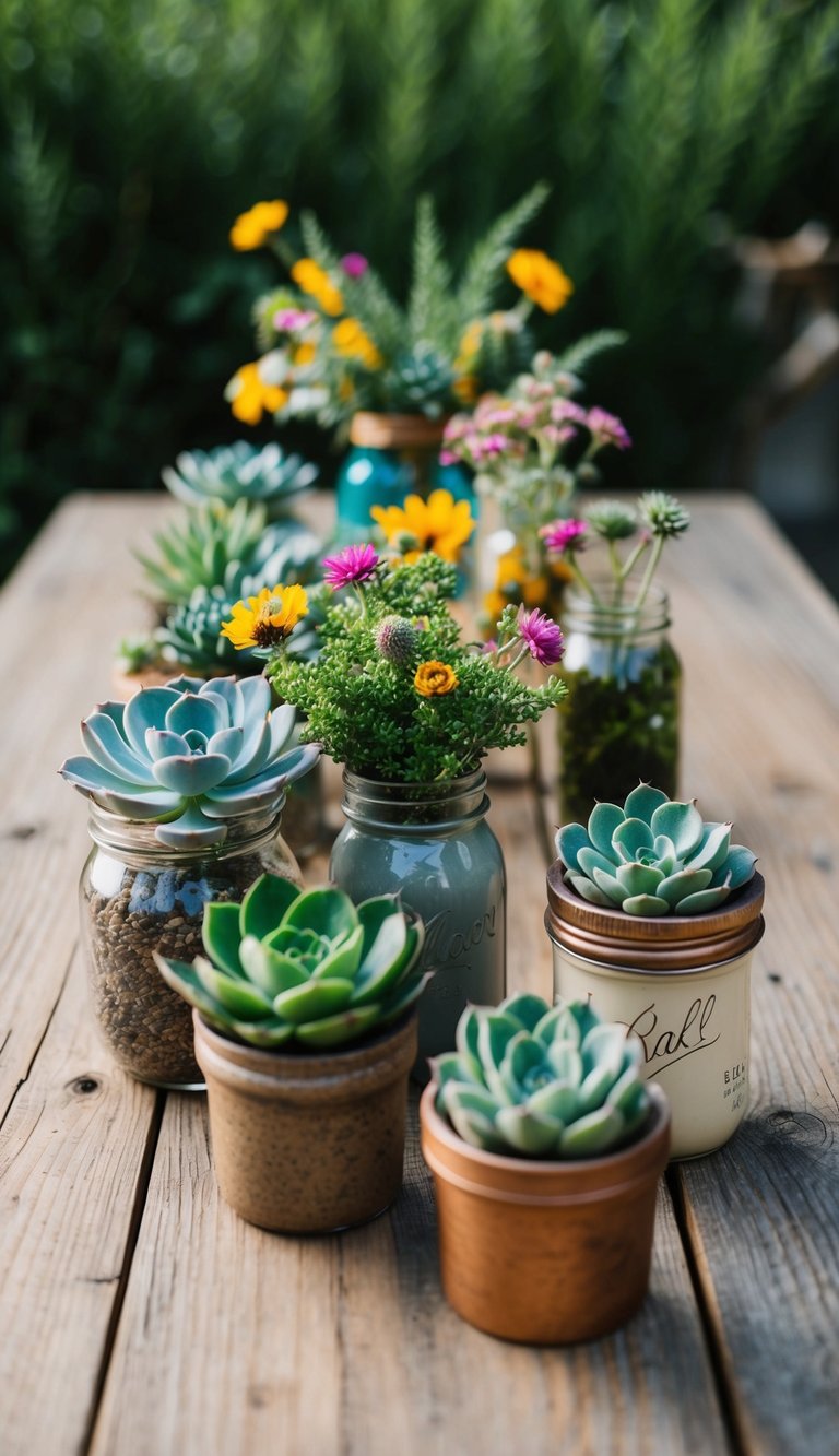 A wooden table with a variety of succulents and wildflowers arranged in rustic vases and mason jars
