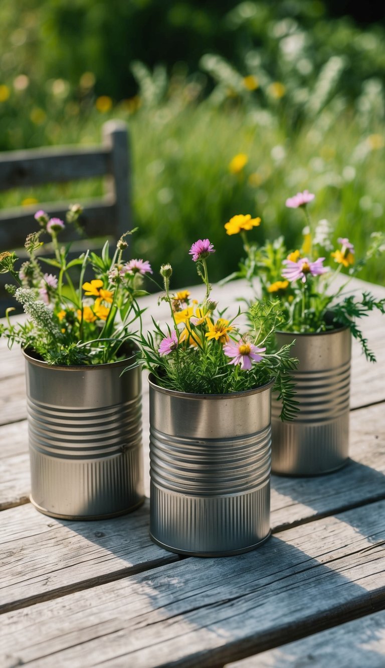 Rustic tin cans filled with wildflowers and greenery arranged on a weathered wooden table
