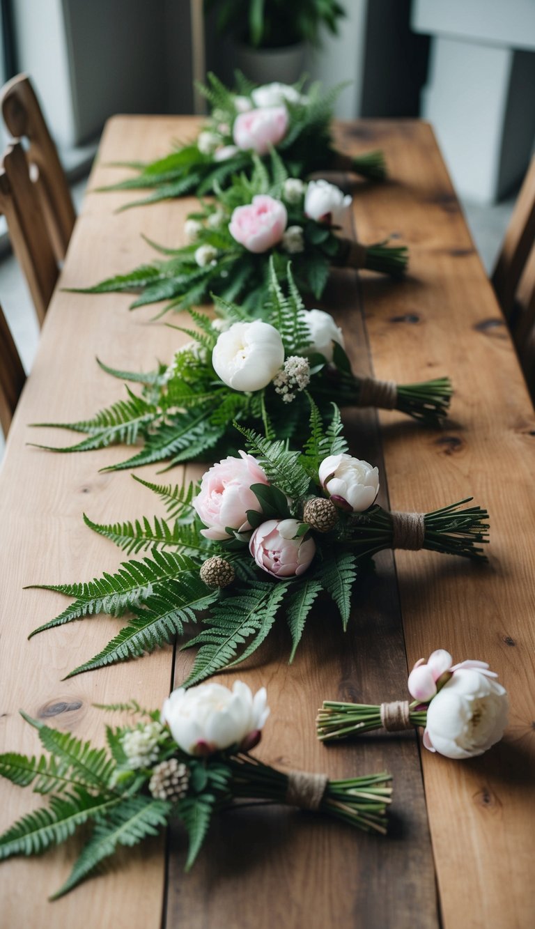 A wooden table adorned with 10 rustic floral arrangements, featuring fern and peony bundles in various sizes and styles